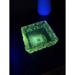 Vintage Manganese Glass Pedestal Bowl Square Pressed Pattern UV Glow Clear
